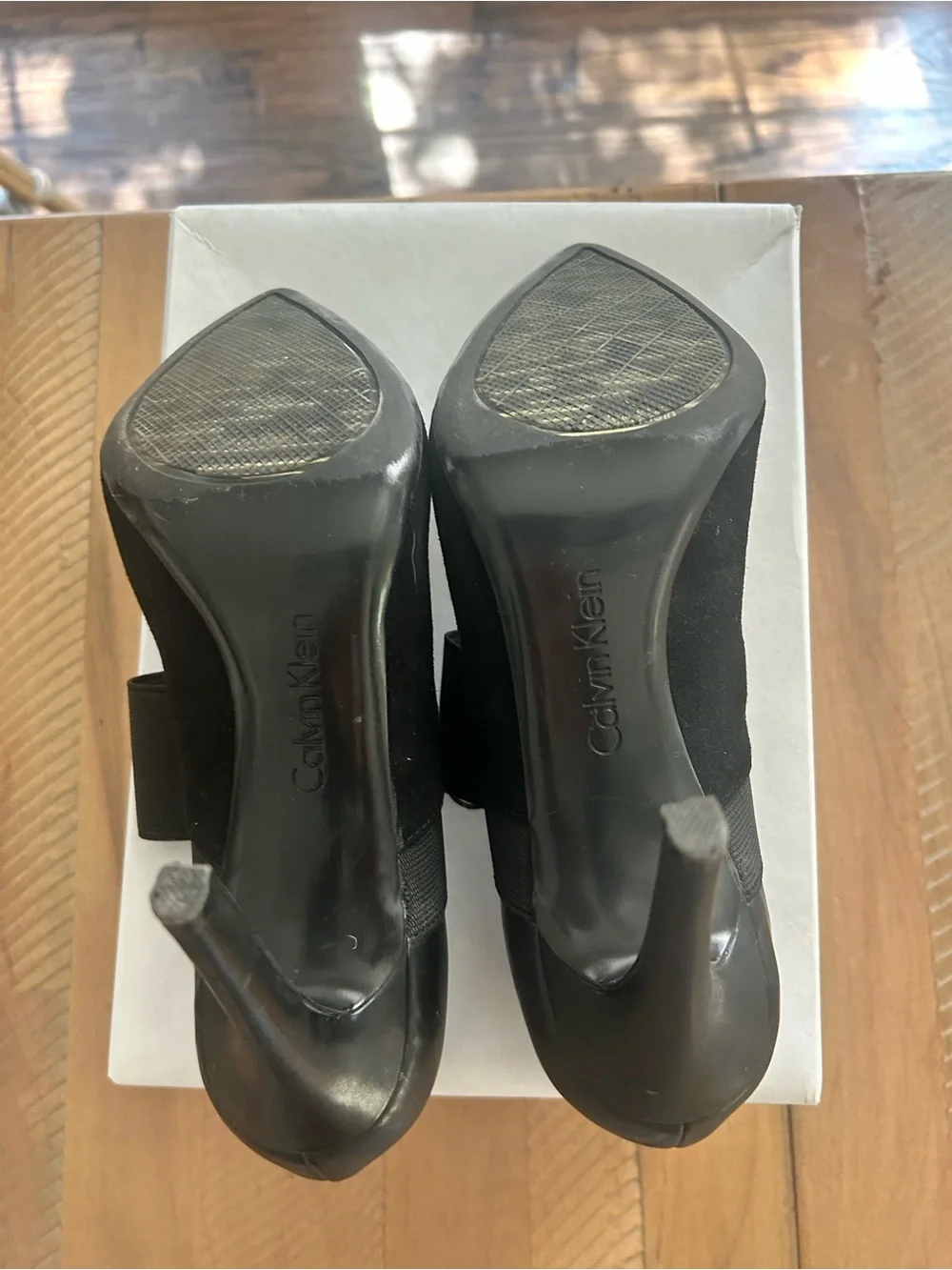 Calvin Klein Black Pointed Toe Stiletto Pumps with Wide Elastic Strap